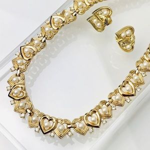 Signed CROWN TRIFARI Heart Link Glass Pearl Crystal Necklace Earrings Set VTG